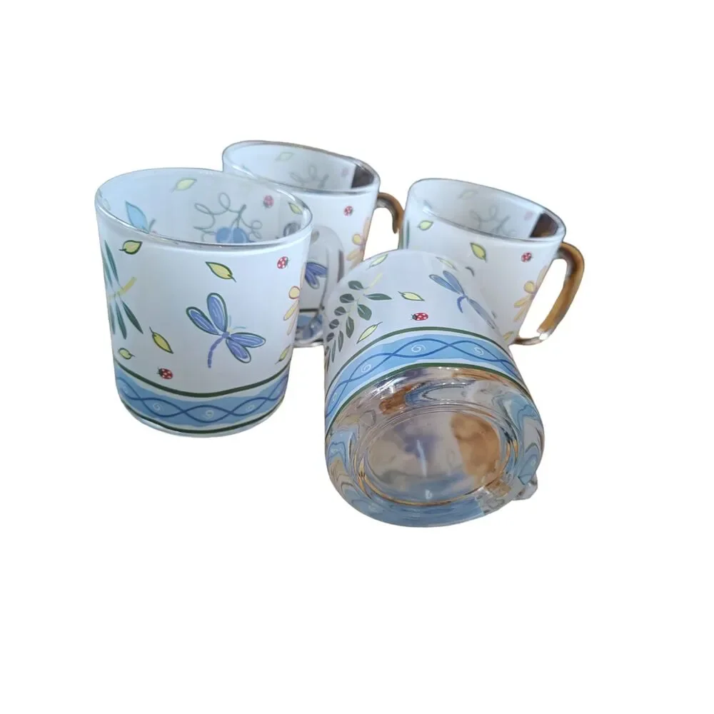 Vintage Arc Arcopal France Blue Daisy Glass Mugs Set of 4